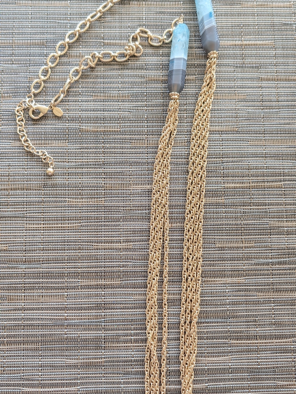 Gold Multi-Strand Tassel Necklace with Blue Agate Accents